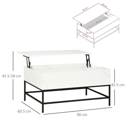 HOMCOM Lift Top Coffee Table, Lifting Coffee Table with Hidden Storage Compartment and Metal Legs, for Living Room, Faux Marble White