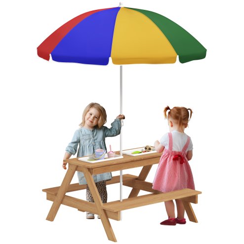 AIYAPLAY Kids Picnic Table, Sand and Water Table with Wooden Benches, Adjustable Parasol and Storage Bins, Outdoor Garden Furniture for Children 3-6 Years, Multicolour