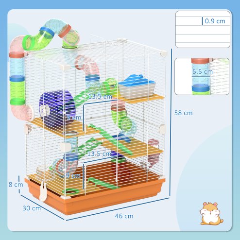 Pawhut 5 Tier Hamster Cage, Gerbil Cage with Tube Exercise Wheels, Tunnel, Water Bottle, Dishes, 58H x 46L x 30Wcm, Orange