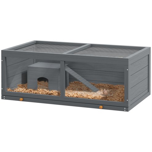 PawHut Wooden Hamster Cage, Small Animal Cage with Sliding Tray, Openable Top, Hut, Exercise Play House for Syrian Hamsters, Grey