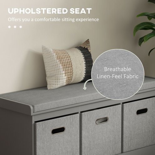 HOMCOM Shoe Bench with 3 Fabric Baskets, Shoe Storage Bench with Seat Cushion, Shoe Cabinet for Entryway, Hallway, Living Room, Bedroom