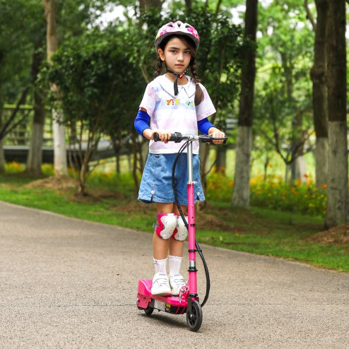 HOMCOM Electric Scooter for Kids, 120W Foldable E Scooter for Age 7-14 with Adjustable Height, Rear Brakes, Up to 12 KM/H, Maximum Range 10 KM, Pink