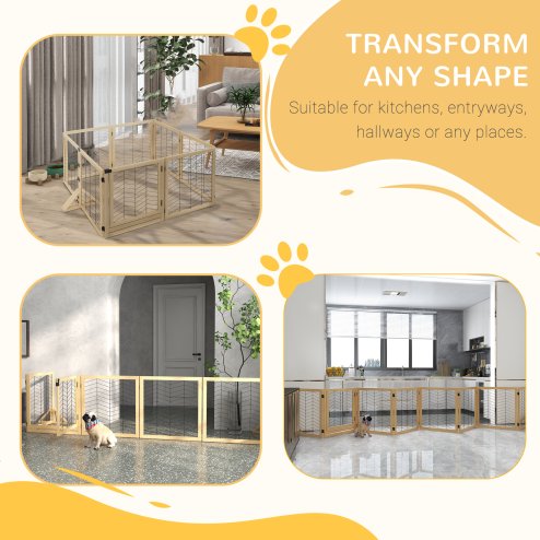 PawHut Freestanding Pet Gate, 8 Panels Dog Playpen, Foldable Dog Barrier with 2 Pcs Support Feet, for House, Doorway, Stairs, Small and Medium Dogs - Natural Wood