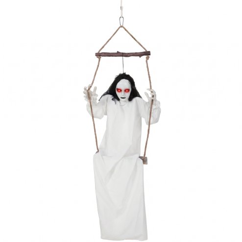 HOMCOM 170cm Animated Hanging Swing Ghost Halloween Decorations Outdoor Indoor, Sound Touch Activated Ghost Halloween Animatronic with Glowing Red Eyes for Haunted House Party Decorations