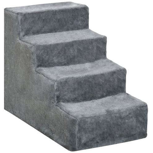 PawHut Dog Steps for Sofa, 4 Steps Dog Stairs, Pet Stairs, with Washable Plush Cover, for Small Breeds, Cats - Light Grey