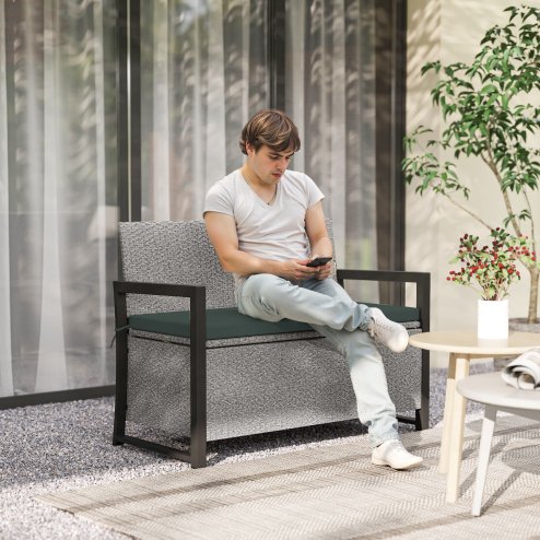 Outsunny Garden Storage Bench with 151.5L Capacity, Inner Bag, 2 Seater PE Rattan Outdoor Garden Bench with Storage, Cushion, Wicker Outdoor Bench Loveseat for Patio, Grey