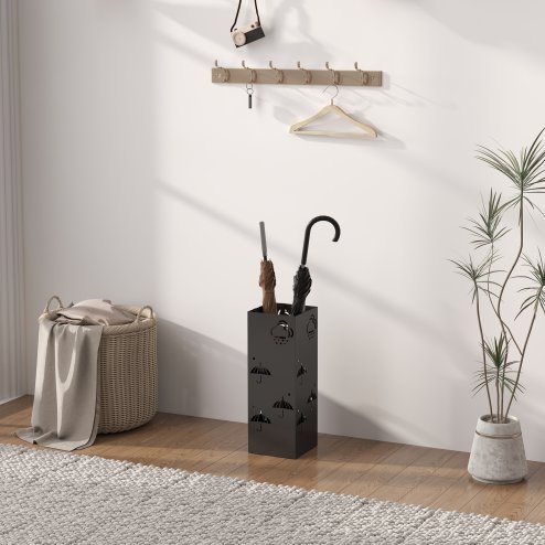 HOMCOM Metal Umbrella Stand, Square Umbrella Holder with Removable Drip Tray and 4 Hooks, Decorative Umbrella Storage Rack for Hallway, Entryway, 15.5 x 15.5 x 41 cm, Black