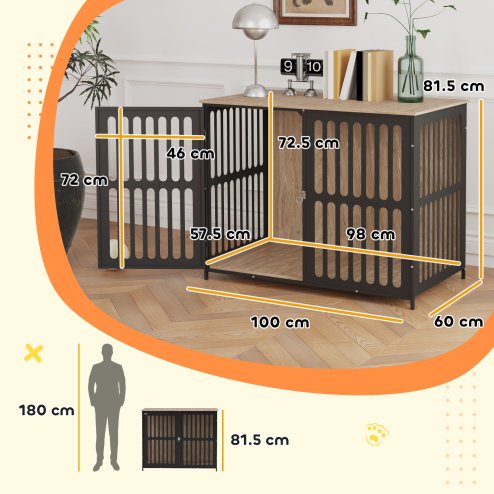 PawHut Dog Crate Furniture, Dog Cage Side End Table Indoor with Anti-Chew Resistant Mesh, Anti-Escape Door, for Large Pet, 100 x 60 x 81.5 cm, Walnut Brown