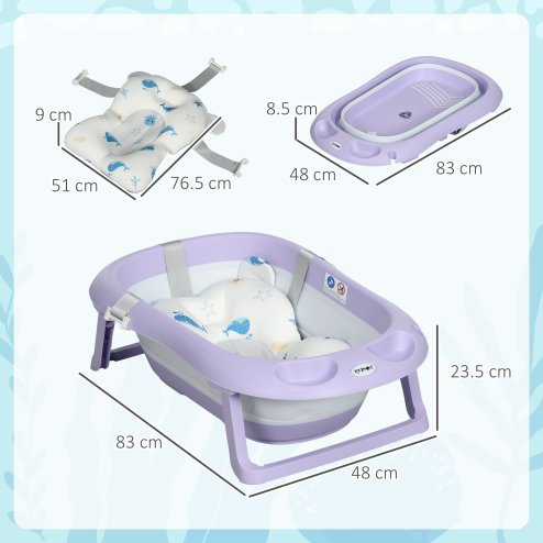 ZONEKIZ Foldable Baby Bath Tub Set, Collapsible Bathtub Antibacterial with Non-Slip Support, Cushion Pad, Shower Head Holder, for Newborn to Toddler Ages 0-6 Years - Purple