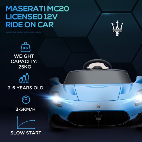 AIYAPLAY Maserati MC20 Licensed 12V Electric Car for Kids with Remote Control, Kids' Electric Ride on with Slow Start, LED Lights, Music, Horn, Spring Suspension, for 3-6 Years, Blue