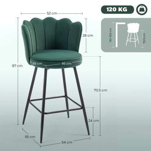 HOMCOM Bar Stools Set of 2, Modern Velvet-Feel Barstools with Petal Backrest and Footrest, Upholstered Breakfast Bar Chairs with Metal Legs for Kitchen Island Counter, Dining Room, Dark Green