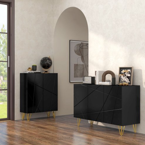HOMCOM Storage Cabinet with High Gloss, Freestanding Sideboard with Adjustable Shelves, Soft-Close Doors and Gold Tone Hairpin Legs for Living Room, Dining Room, Hallway, Black