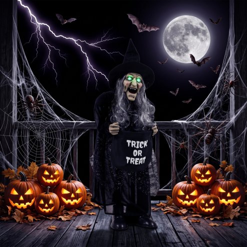 HOMCOM 94cm Animated Witch Halloween Decorations Outdoor Indoor, Scary Halloween Animatronics Decor with Sound Touch Activated, Candy Bag Prop with Light Up Eyes for House Garden Party