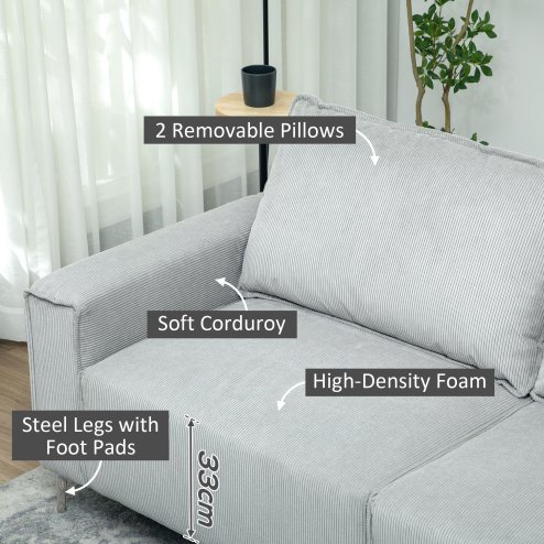 HOMCOM Modern 3 Seater Sofa with Spring Cushion, 193cm Fabric Sofa Couch with Back Pillows, Upholstered Corduroy Settee for Living Room, Bedroom, Home Office, Light Grey