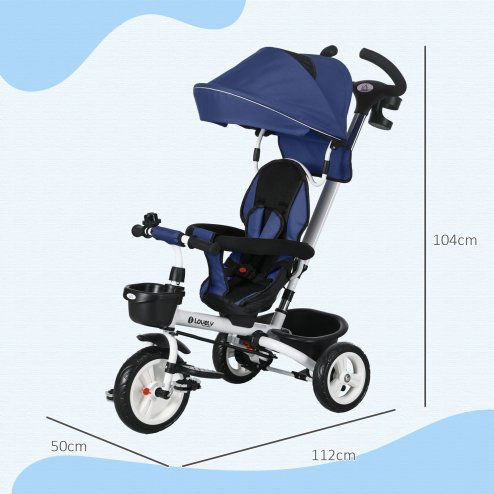 HOMCOM 6 in 1 Trike for Toddler, Baby Push Tricycle Folding Bike with Parent Handle, Reversible Seat, Storage Basket, Canopy, 5-point Safety Harness, for Kids 1-5 Years