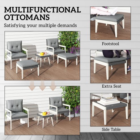 Outsunny 5 Pieces Rattan Garden Furniture Set, Patio Conversation Set with Cushions, Acacia Wood Top Coffee Table and Footstools, Outdoor Table and Chairs for Balcony, Terrace and Conservatory, Grey