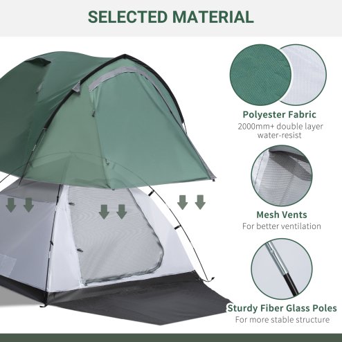 Outsunny Two-Man Camping Tent Dome Tent with Weatherproof Shell, Vestibule & Windows, for Fishing & Hiking, Green and Grey