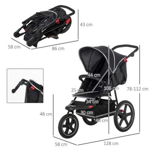 HOMCOM Baby Stroller Pushchairs 2 in 1 Lightweight Travel Pram Buggy Foldable with Reversible Seat, Fully Reclining Backrest, from 0 to 3 Years, 0 to15kg - Black