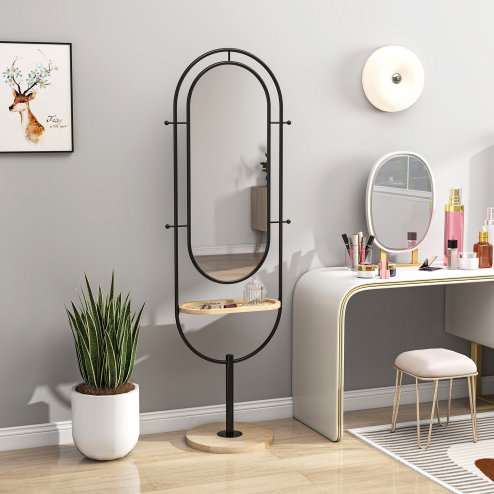 HOMCOM Full Length Mirror, Oval Free Standing Mirror with Wooden Tray, 4 Hooks and Metal Frame for Living Room, Bedroom, Cloakroom, Black