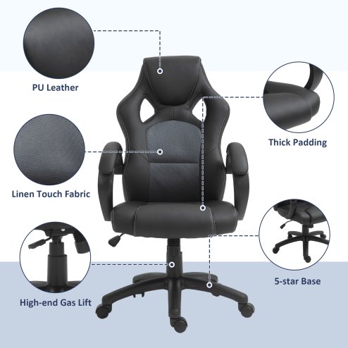 Vinsetto Gaming Chair Faux Leather Swivel Computer Racing Gamer Desk Chair for Home Office with Wheels, Gray