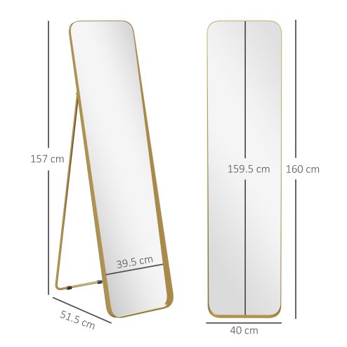 HOMCOM Full Length Mirror, 40 x 160 cm, Rectangular Full Body Mirror with Curved Corners for Bedroom, Living Room, Cloakroom, Floor Standing or Leaning Against Wall, Gold Tone