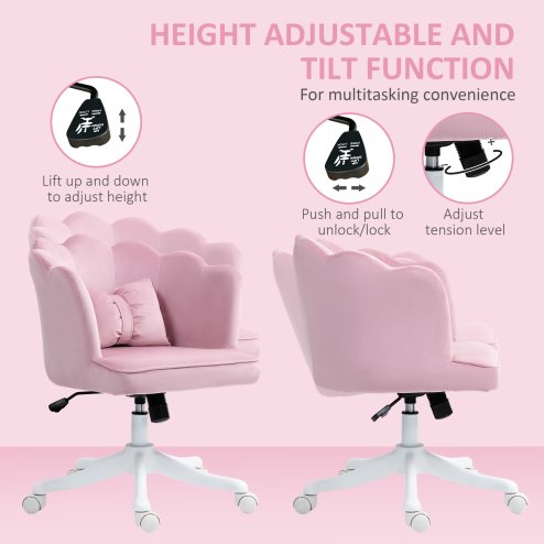 HOMCOM Velvet Office Chair with Petal Shell Back and Lumbar Pillow, Armless Desk Chair with Wide Seat and Tilt Function, Height Adjustable Swivel Makeup Vanity Chair for Bedroom, Pink