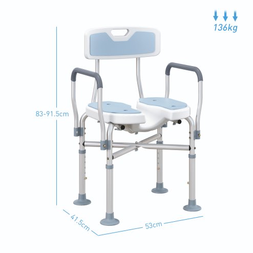 HOMCOM Shower Chair with Upgraded U-shaped Seat and Reinforced Crossbars, Height Adjustable Padded Bath Chair with Non-slip Feet for Elderly Seniors Disabled Handicap, Tool-Free Assembly