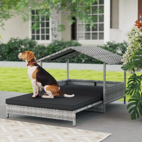 PawHut Rattan Dog House, Extendable Outdoor Wicker Dog Bed w/ Water-Resistant Roof, Removable Cushion, for Small and Medium Dogs - Charcoal Grey