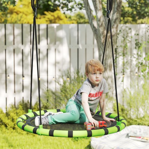 AIYAPLAY Kids Nest Swing Seat, Hanging Set with Height Adjustable Ropes for Kids, 100cm Diameter Round Saucer Swing Chair for Outdoor, Garden, Black/Green