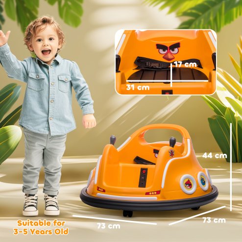AIYAPLAY Angry Bird Licensed 12V Kids Bumper Car, 360 Rotation Waltzer Car with Joysticks, Remote Control, Music USB LED Lights, for 3-5 Years Old - Orange