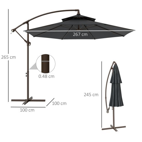 Outsunny 2.7m Garden Banana Parasol Cantilever Umbrella with Crank Handle, Double Tier Canopy and Cross Base for Outdoor, Hanging Sun Shade, Black