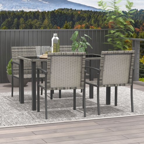 Outsunny 4 Seater Rattan Dining Set with Rectangular Glass Top Table and 4 Armchairs, PE Rattan Garden Furniture Set, Outdoor Dining Table and Chairs for Patio, Balcony, Lawn, Mixed Grey