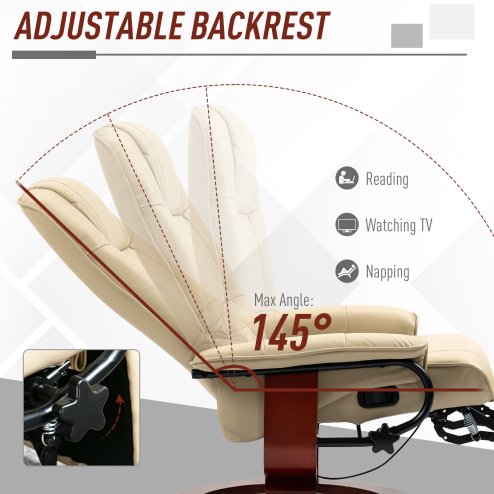 HOMCOM Manual Recliner Chair Armchair Sofa with Faux Leather Upholstered Wooden Base for Living Room Bedroom, Cream White