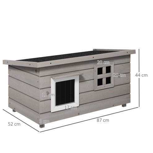 PawHut Outdoor Wooden Cat House, Elevated Cat Shelter Kennel, Pet Play House with Openable Top, Asphalt Roof, Window, 87 x 52 x 44 cm, Grey