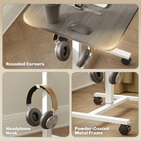 HOMCOM Height Adjustable Standing Desk, Pneumatic Sit Stand Desk for Laptop, Mobile Overbed Table with Wheels and Headphone Hook for Home Office