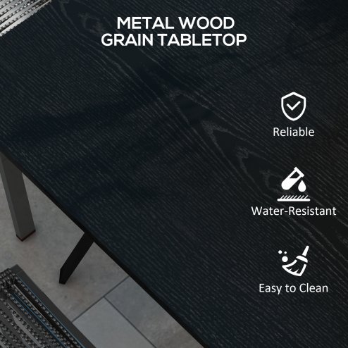 Outsunny Garden Dining Table, Outdoor Square Coffee Table with Wood Grain Effect Steel Tabletop, Parasol Hole and Foot Pads for Balcony, Porch, Black