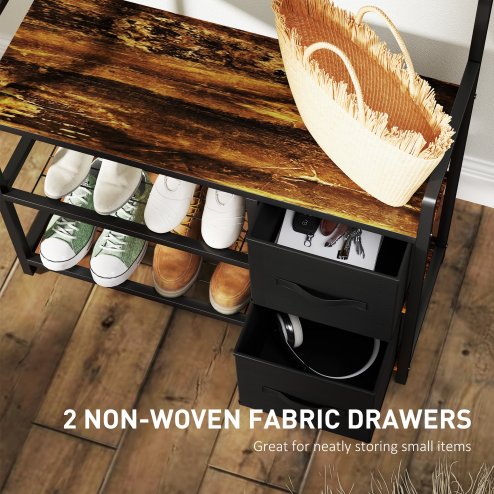 HOMCOM Coat Rack with Bench and Shoe Storage, 4-in-1 Coat Stand with 15 Coat Hooks, 2 Fabric Drawers for Hallway, Living Room, Bedroom, Rustic Brown