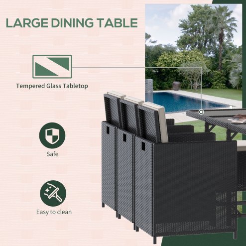 Outsunny 10 Seater Rattan Cube Garden Furniture Set with Cushions, Rattan Dining Set, Outdoor Dining Table and Chairs with 6 Armchairs, 4 Stools, Rectangular Glass Top Table, Black