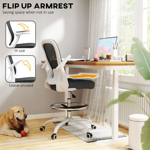 HOMCOM Drafting Chair, Swivel Draughtsman Chair, Ergonomic Office Chair, Mesh Standing Desk Chair with Flip-up Armrest, Lumbar Support, Adjustable Foot Ring, Black and White