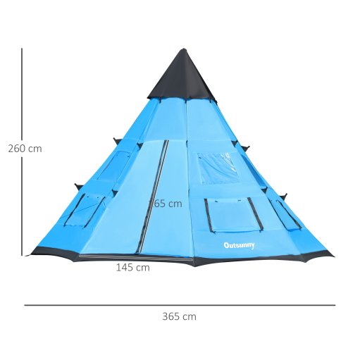 Outsunny 6 Men Tipi Tent, Camping Tent with Mesh Windows, Sewn-in Floor, Two Doors and Carry Bag, Easy Set Up, for Hiking Picnics Outdoor Night, Blue