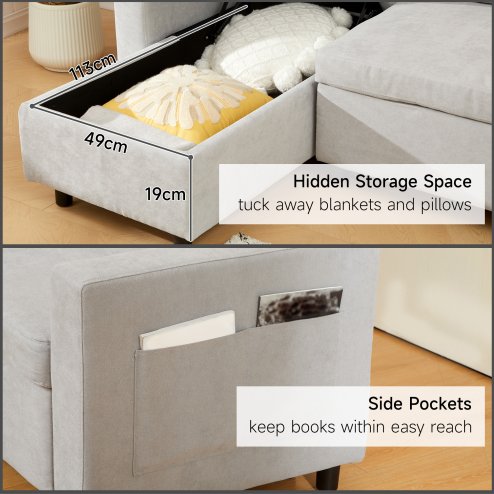 HOMCOM Sofa Bed with Storage, Convertible L Shaped Corner Sofa, 3 Seater Pull Out Sofa Bed with Reversible Chaise, Side Pockets for Living Room, Bedroom, Small Spaces, Light Grey
