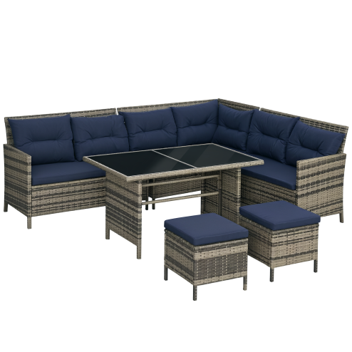 Outsunny 6 Pieces Rattan Garden Furniture Set, 8-Seater Garden Corner Sofa Set with 3 Loveseats, Glass Top Table, Footstools, Outdoor Conservatory Furniture with Cushions for Patio, Dark Blue