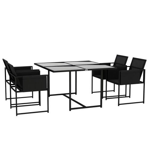 Outsunny 5 Piece Garden Dining Set, 4 Seater Outdoor Table and Chairs with Texteline Seat, Space Saving Cube Set with Foldable Backrest, Tempered Glass Table Top, for Patio, Black