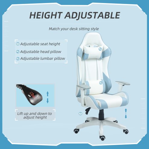 HOMCOM Gaming Chair, Racing Gamer Chair, Reclining Faux Leather Computer Chair with Headrest, Lumber Support, 3D Armrests, Adjustable Height, Swivel Wheels for Home Office, Light Blue