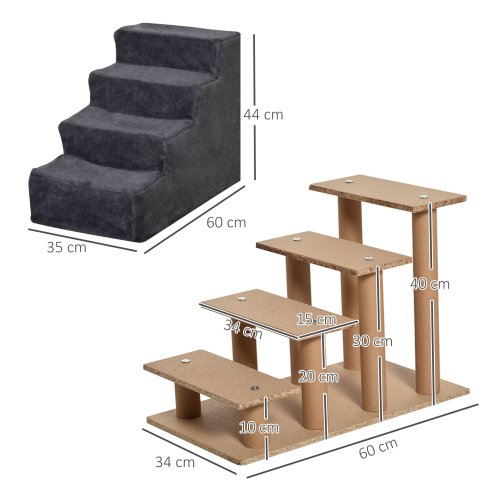PawHut Dog Steps for Sofa, 4 Steps Dog Stairs, Pet Stairs, with Washable Plush Cover, for Small Breeds, Cats - Dark Grey