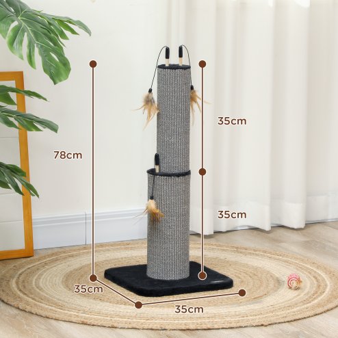PawHut 2 in 1 Cat Scratching Post, 78cm Tall Cat Scratch Post with 3 Toy Feathers, Cat Scratcher Post for Indoor Cats and Kittens, Black