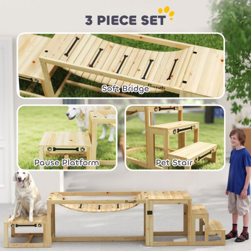 PawHut Dog Agility Equipment 3 Pieces Wooden Dog Agility Set with Soft Bridge, Pause Platform and Pet Stair for Outdoor, Natural Wood