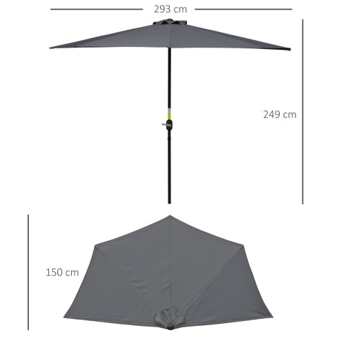 Outsunny 3(m) Half Parasol, Semi Round Umbrella with Metal Frame, Crank Handle for Balcony, Garden, Grey