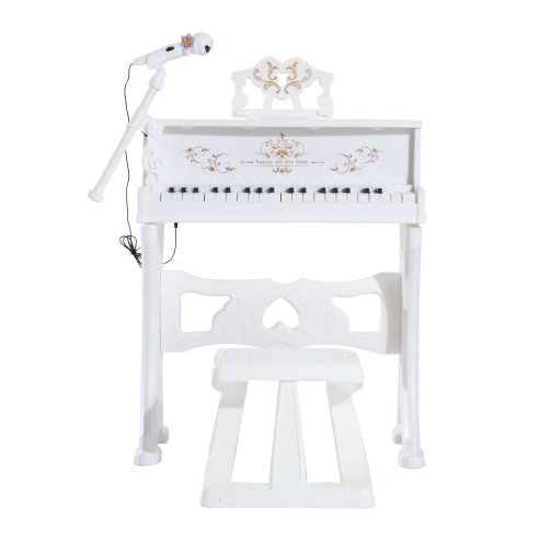 HOMCOM 37 Keys Kids Piano Mini Electronic Keyboard Light Kids Musical Instrument Educational Game Children Grand Piano Toy Set w/Stool & Microphone & Music Stand (White)
