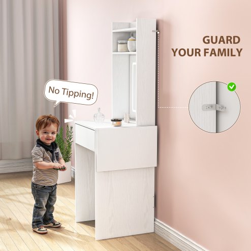 HOMCOM Small Dressing Table with Mirror and Adjustable LED Lights, Modern Vanity Desk with Drop Leaf, Open Shelves and Drawer, Compact Makeup Table for Small Spaces, Bedroom, White